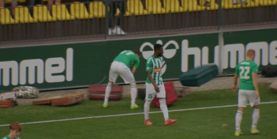 Sign for Čeburinas: Vilnius' 'Žalgiris' players threw bags onto the field before the match at the LFF Stadium.